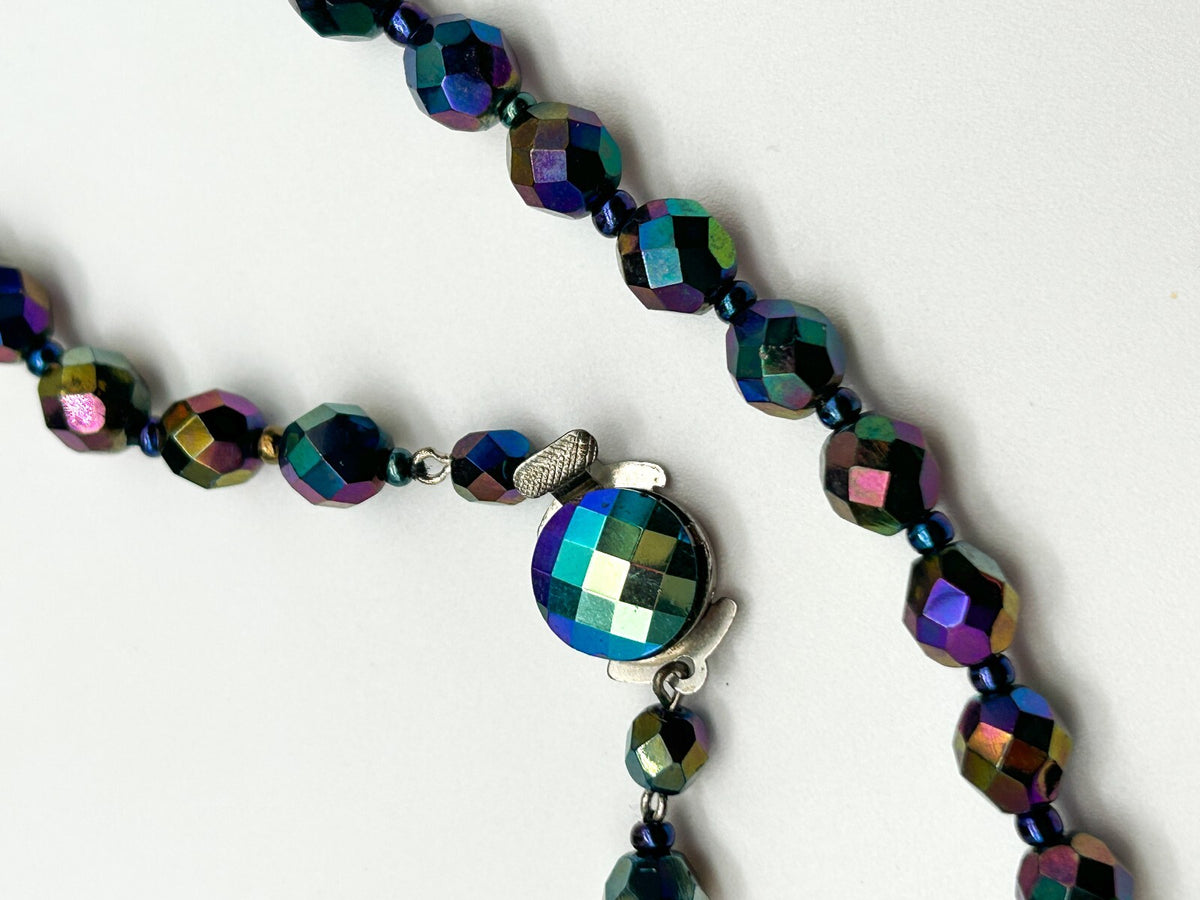 Vintage Carnival Glass Bead Necklace Peacock Iridescent Faceted 19”