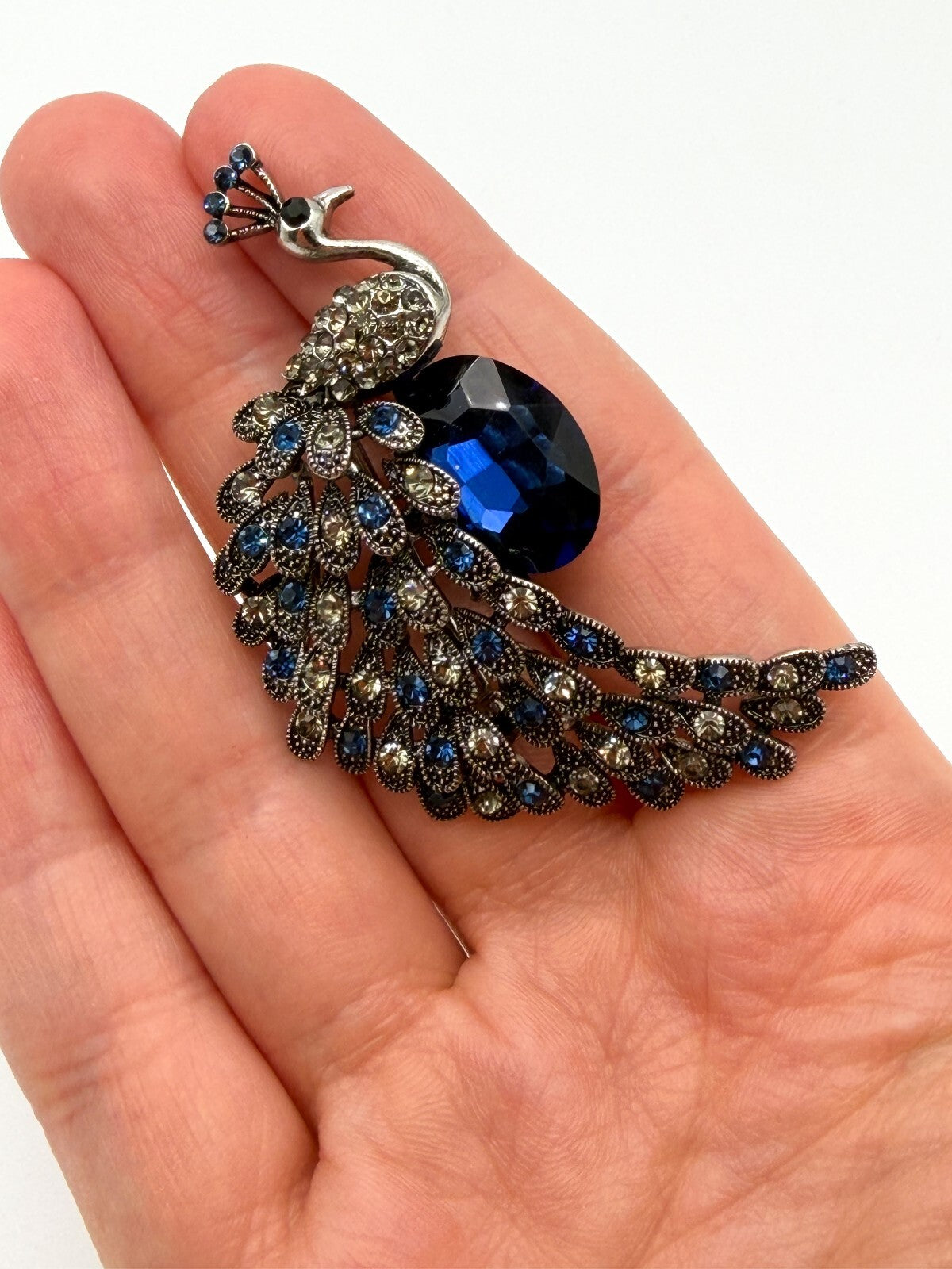Peacock Rhinestone Brooch Blue Faceted Glass Bird Pin Silver Tone Statement