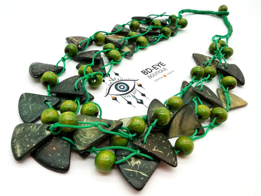 Boho Green Coconut Shell & Wood Bead Necklace Hand Knotted Statement