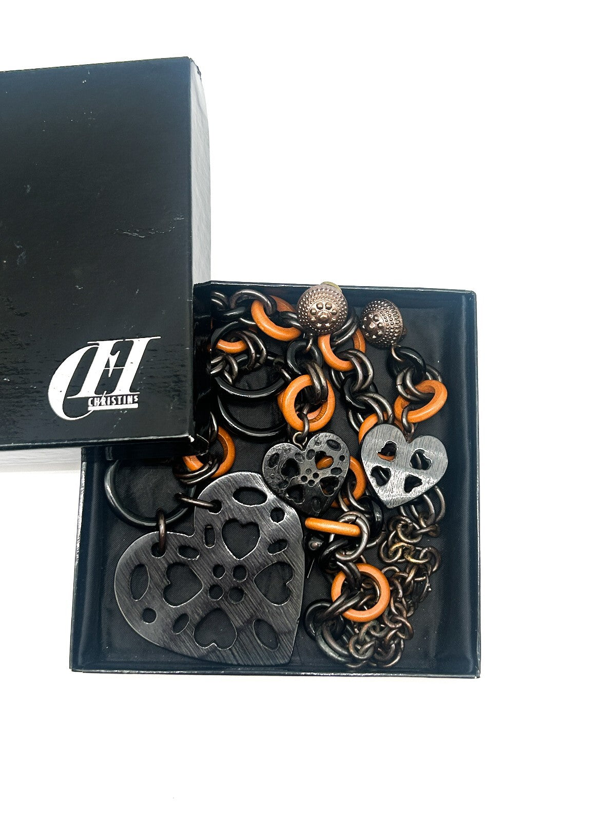 Vintage Moschino Black Acrylic Heart Pendant Necklace & Clip-On Earrings Set