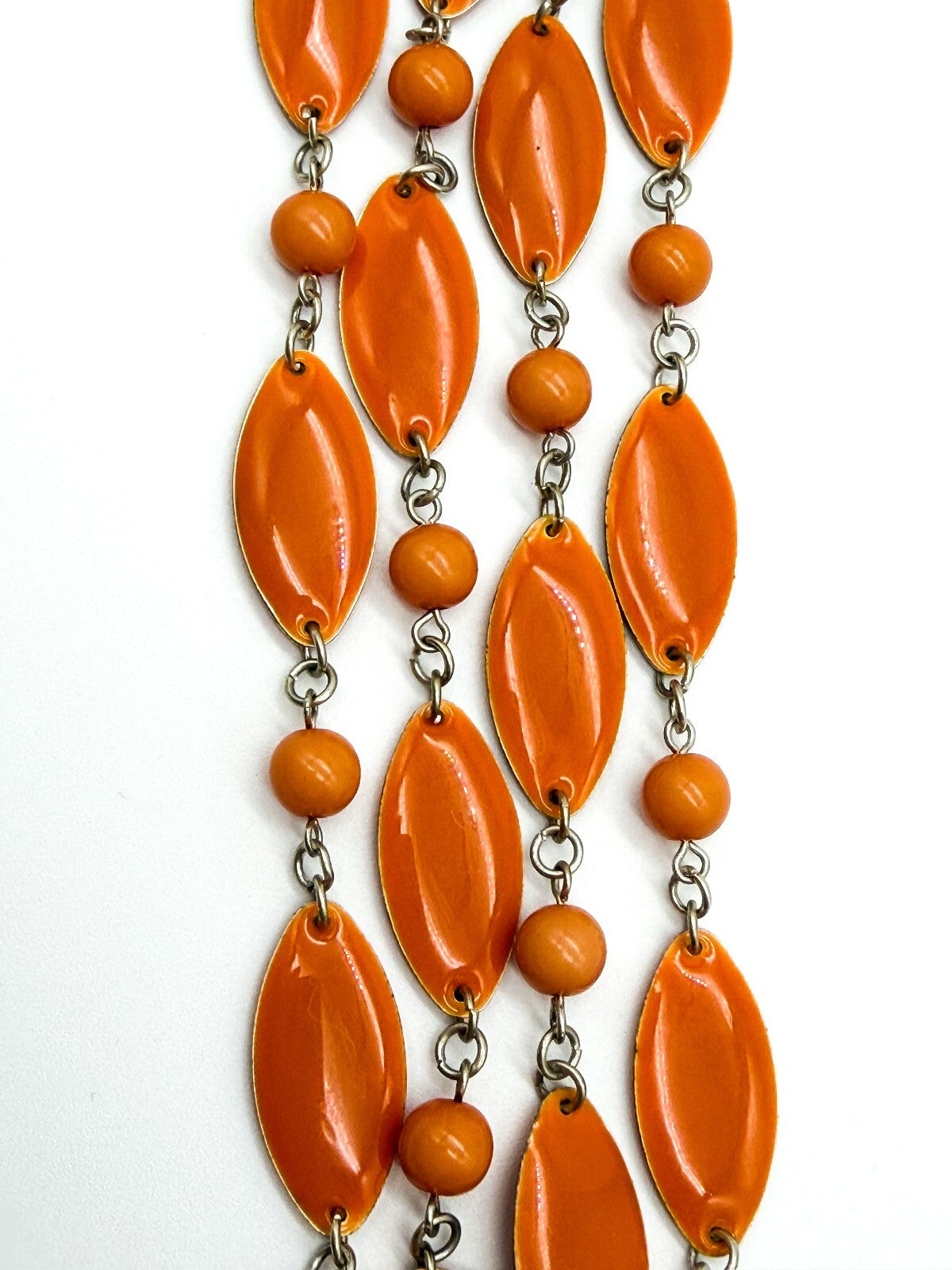 Retro Long Orange Acrylic Link Necklace Marquise Beads Silver Tone 31.5”