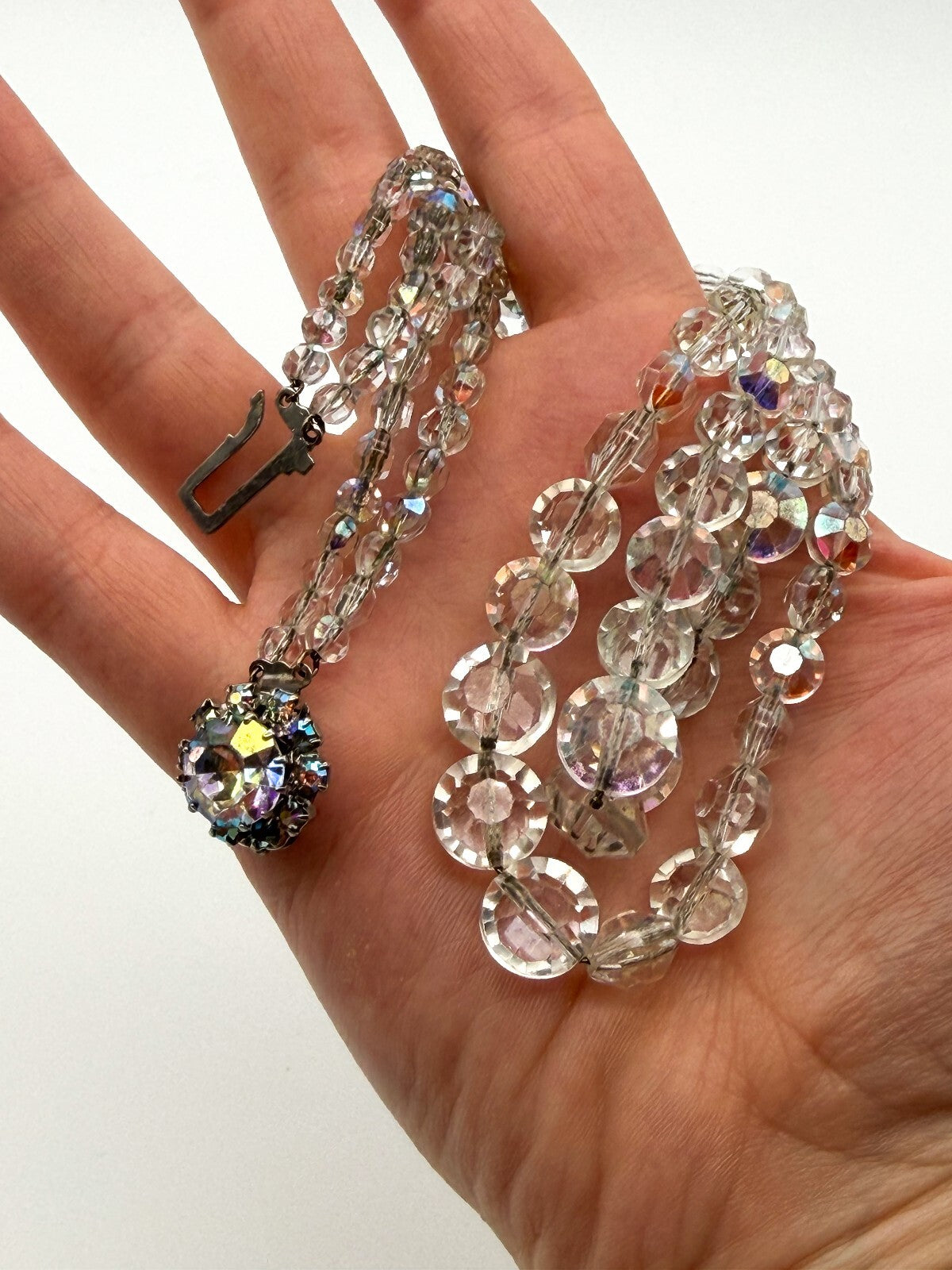 Vintage Aurora Borealis Crystal Glass Double Strand Necklace Rhinestone Clasp