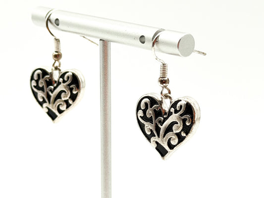 Silver Tone Love Heart Dangle Earrings Scroll Vine Detail on Black Drop Earrings