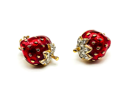 Vintage Cabouchon Strawberry Clip On Earrings Red Enamel Gold Tone Novelty Fruit