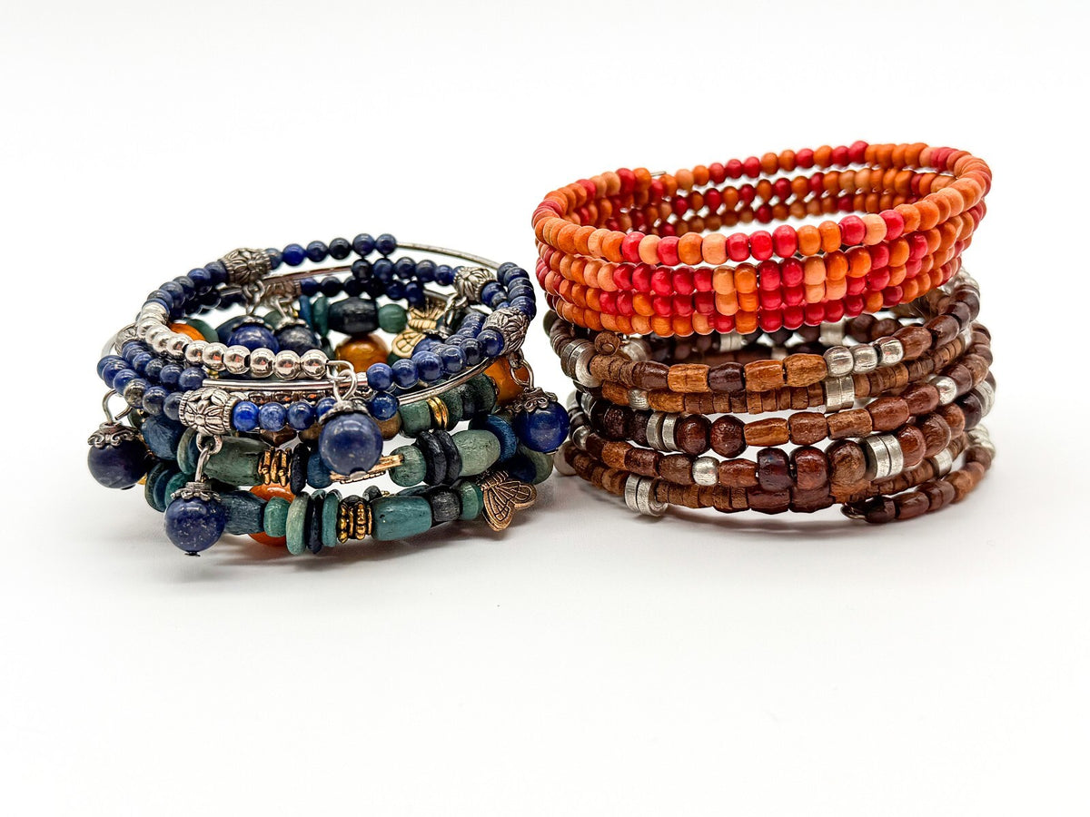 Boho Memory Wire Bracelet Bundle Set 4 Lapis Lazuli Wood Beaded Stack Bracelets
