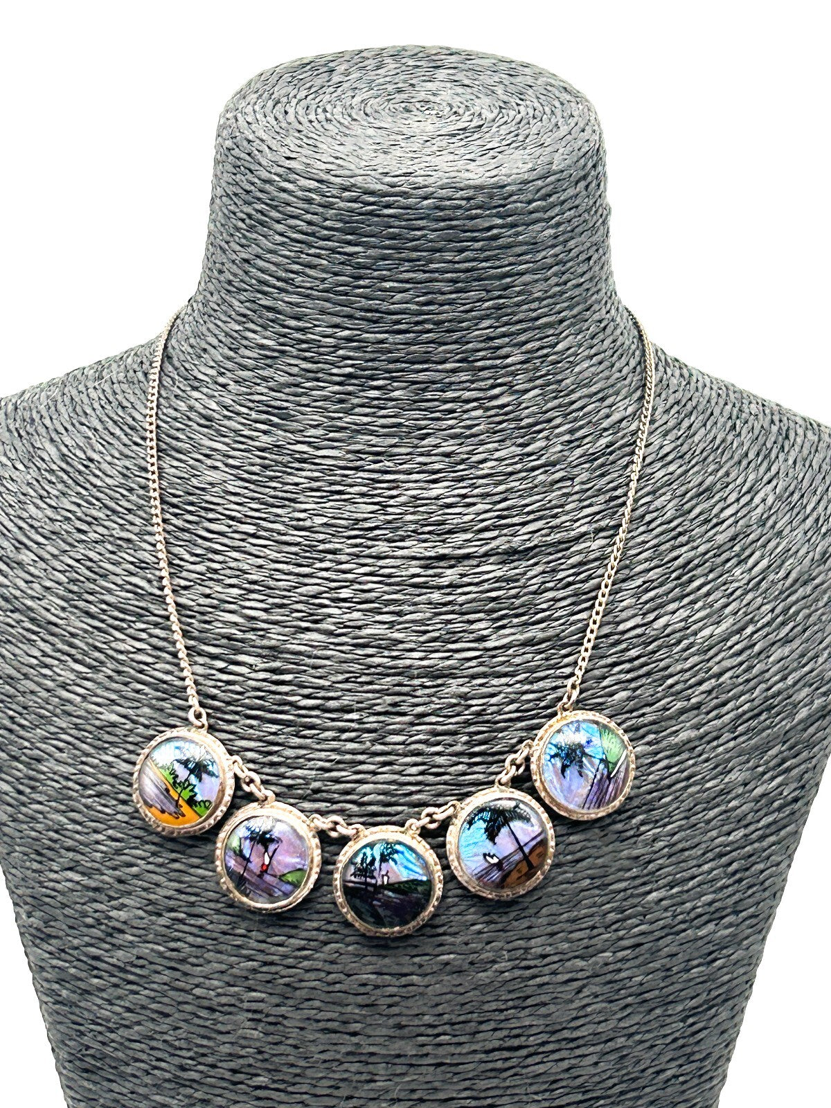 Morpho Butterfly Wing Necklace Tropical Painted Bubble Glass Brazil 1920s-1930s