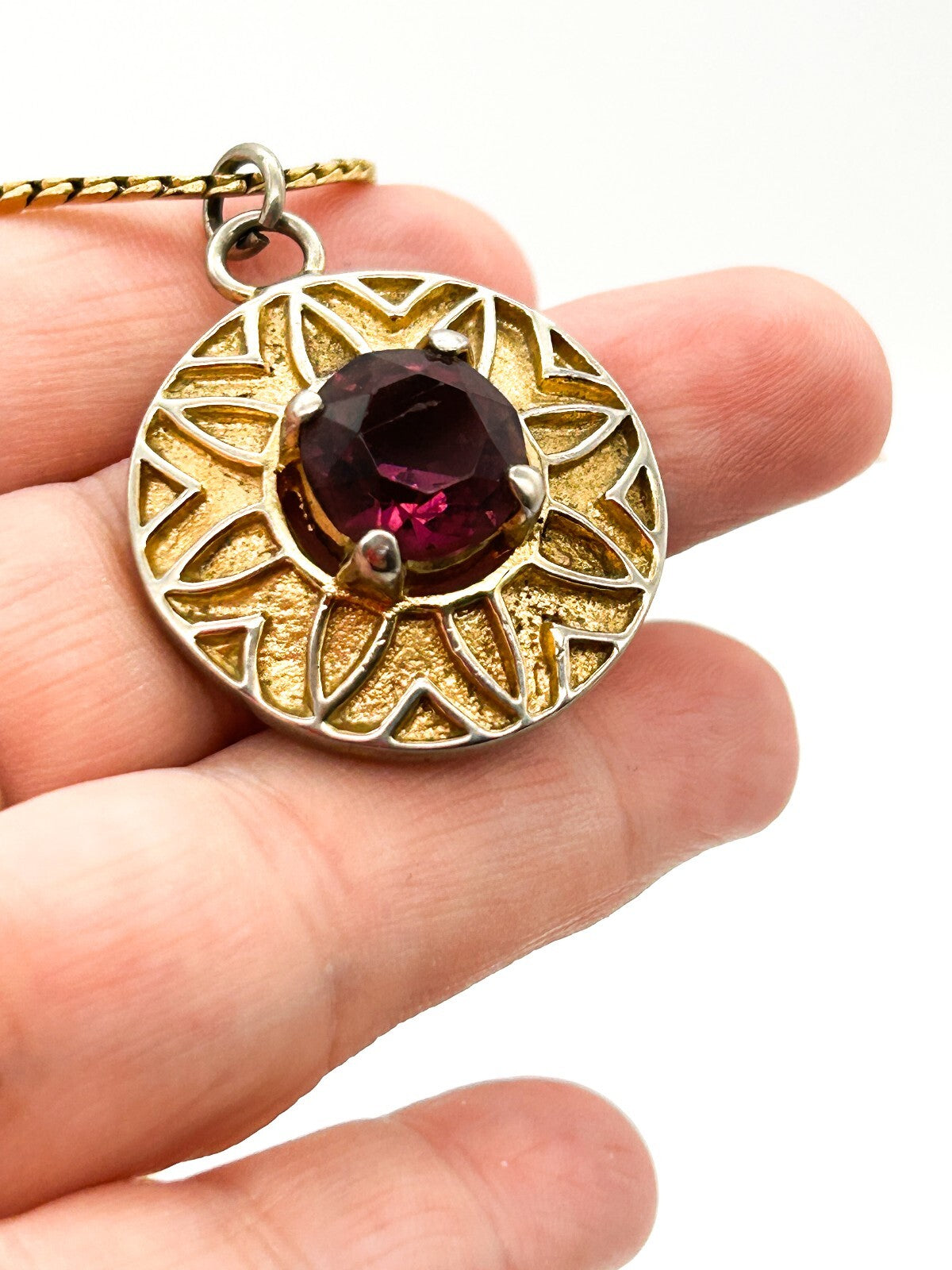 Vintage Purple Glass Statement Pendant Necklace Gold Tone Retro Jewellery