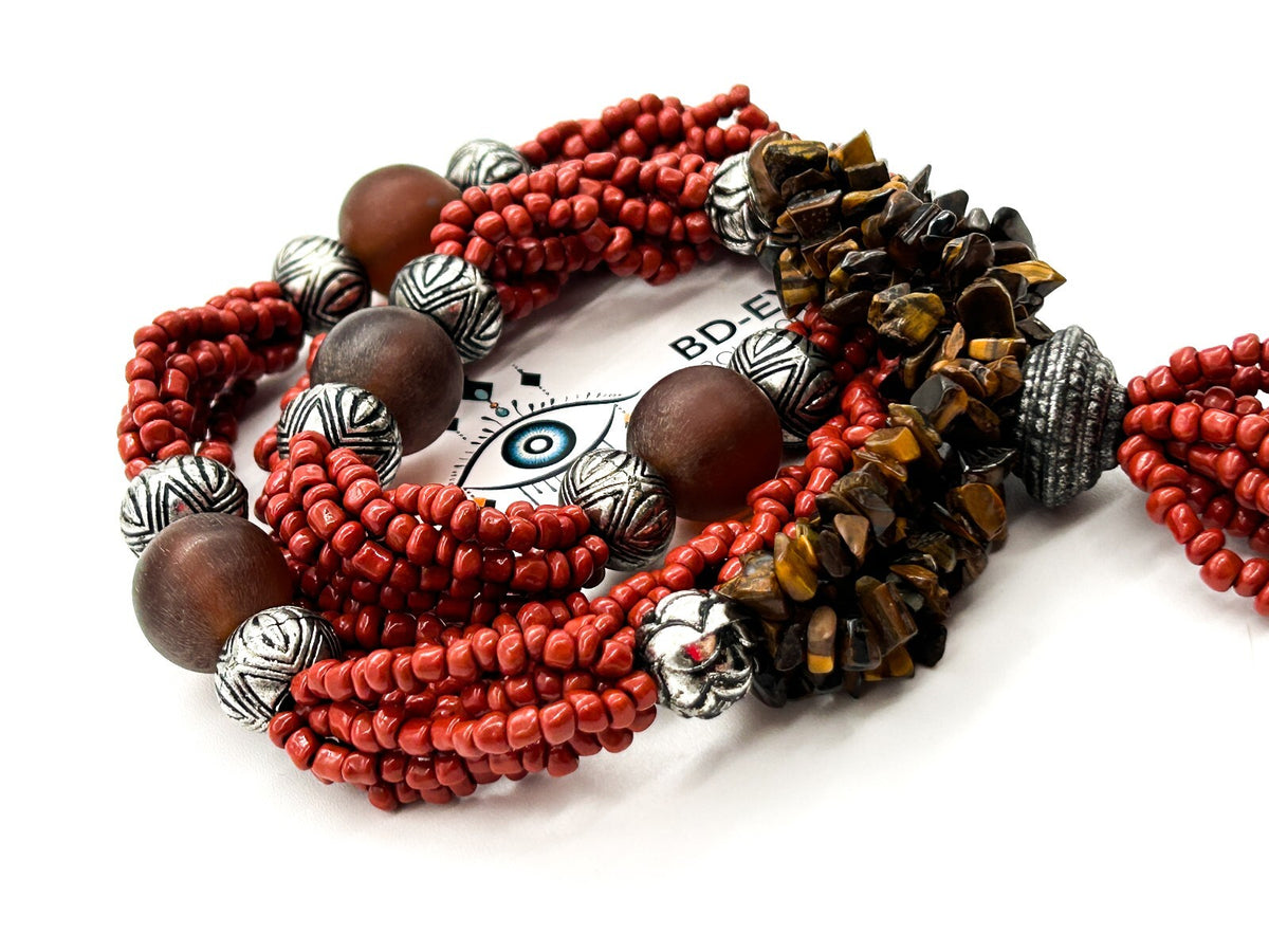 Vintage Tiger’s Eye Amber 6 Strand Tassel Necklace Red Glass Boho Statement
