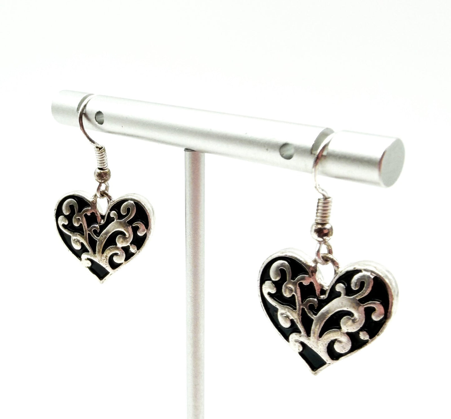 Silver Tone Love Heart Dangle Earrings Scroll Vine Detail on Black Drop Earrings