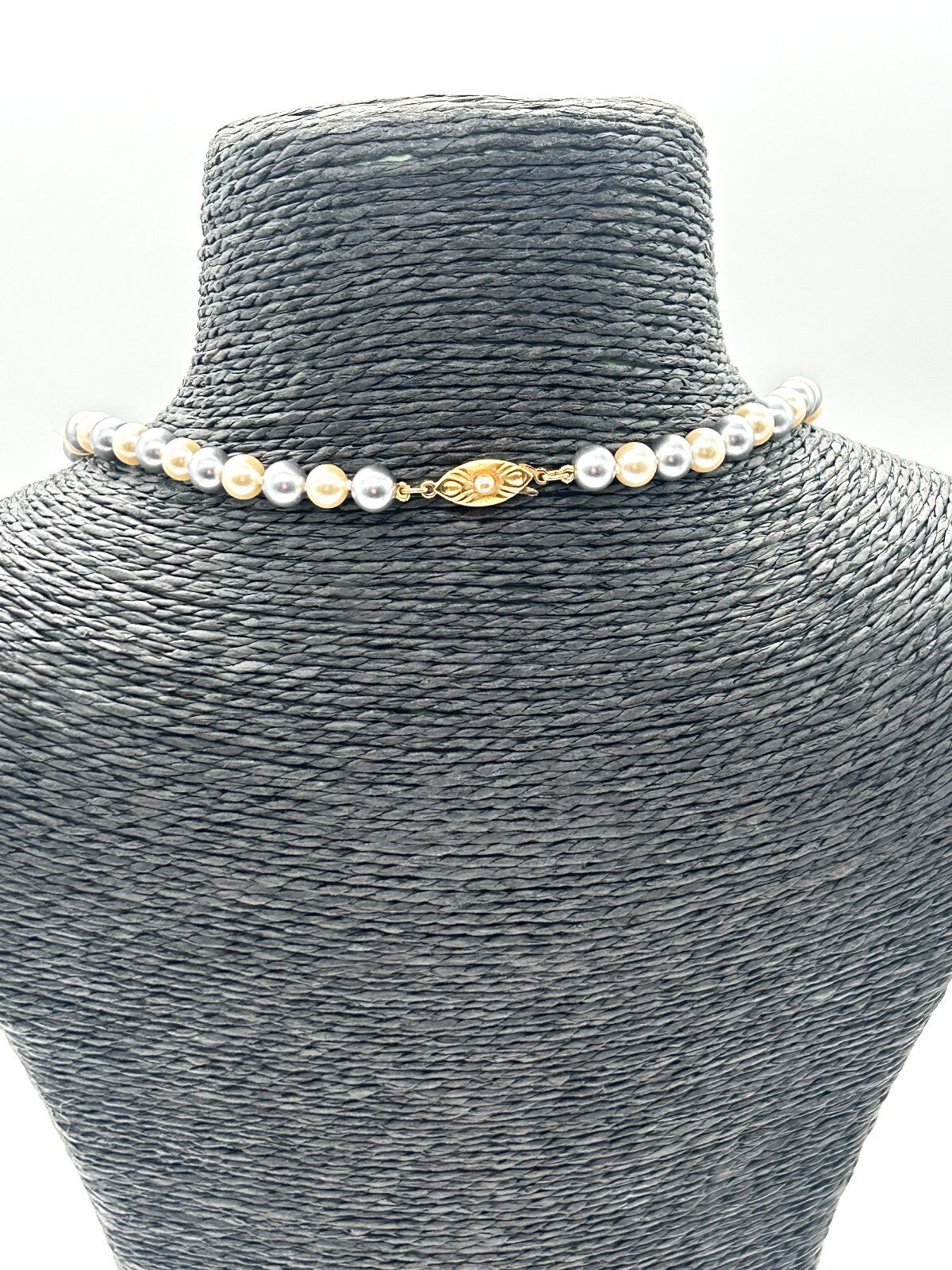 Vintage Grey Cream Glass Faux Pearl Necklace Hand Knotted Rhinestone Hook Clasp
