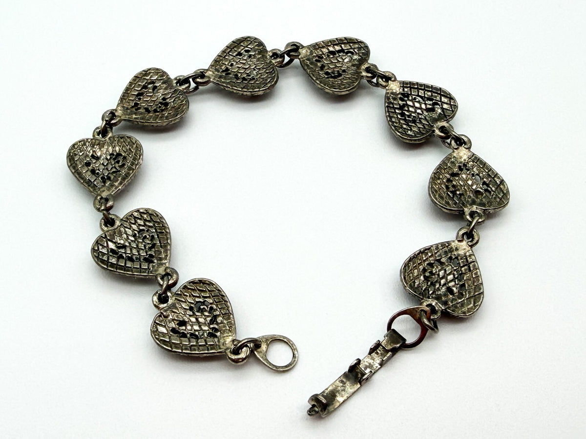 Vintage Abalone Shell Ornate Love Heart Panel Link Bracelet Silver Tone 7”