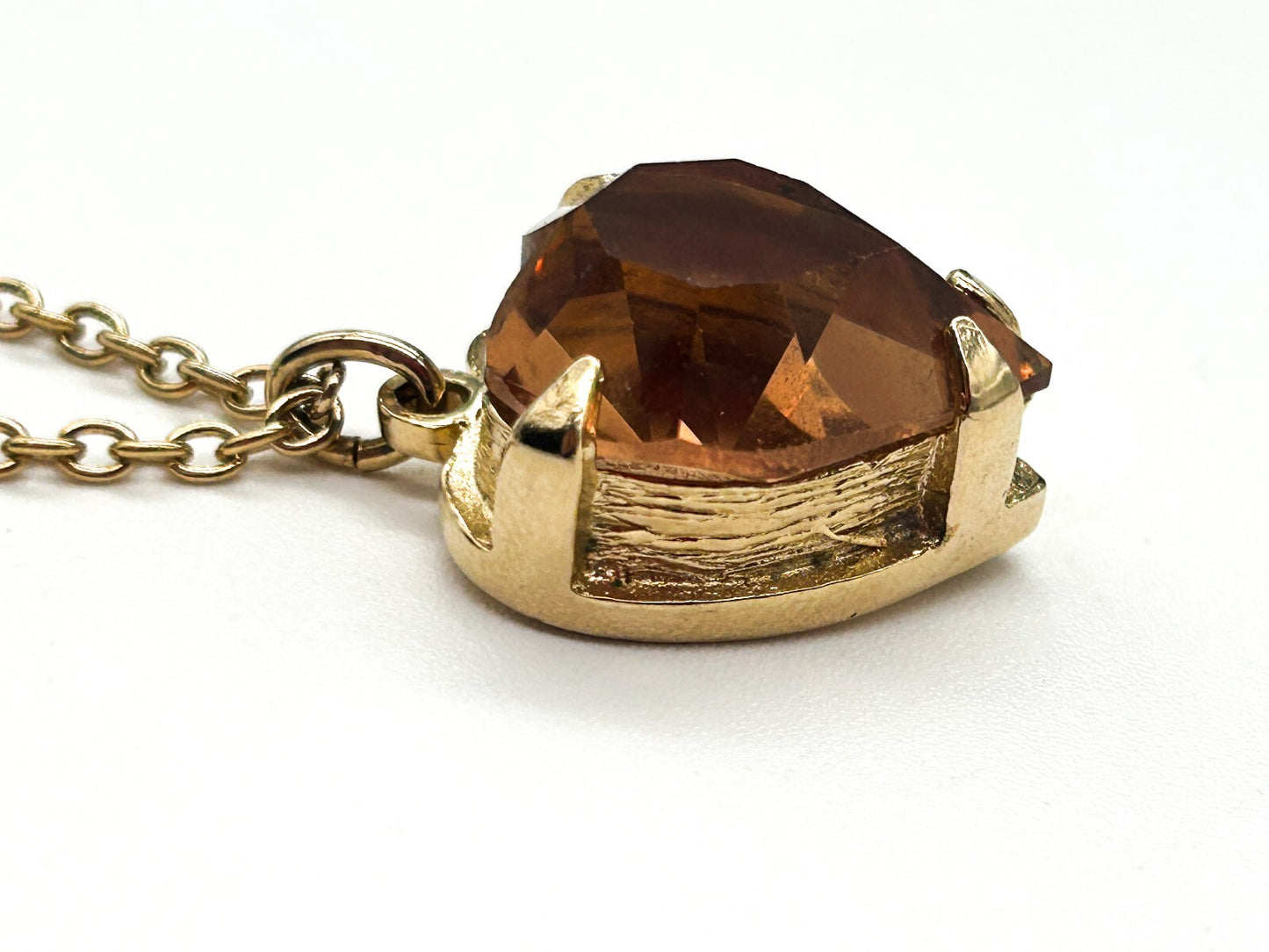 Vintage Gold Tone Smoky Amber Crystal Heart Pendant Necklace Faceted Glass 24”
