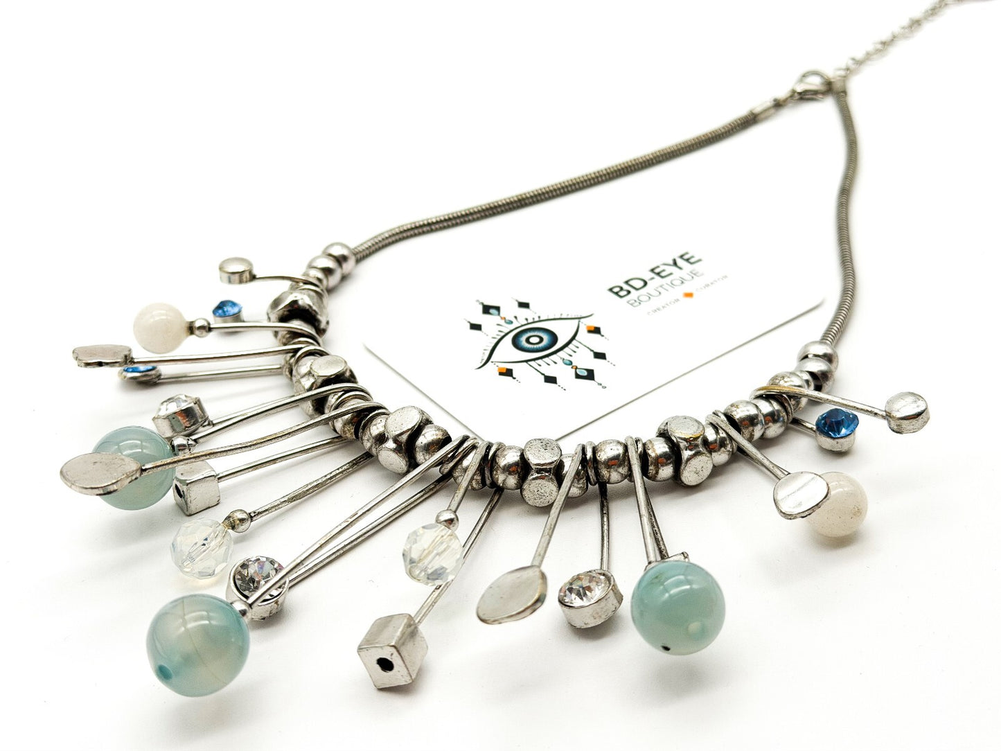 Atomic Statement Necklace Silver Tone Blue Rhinestone Opalite Fringe Modernist