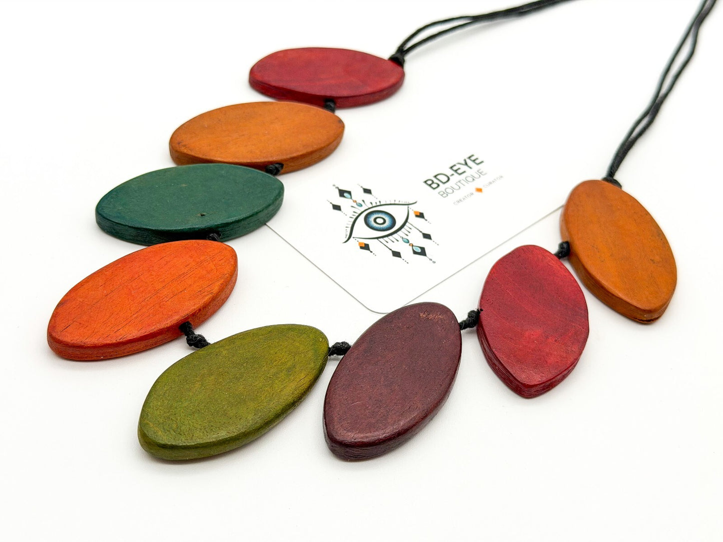 Chunky Wood Statement Necklace Boho Dyed Oval Beads Adjustable Green Orange Red