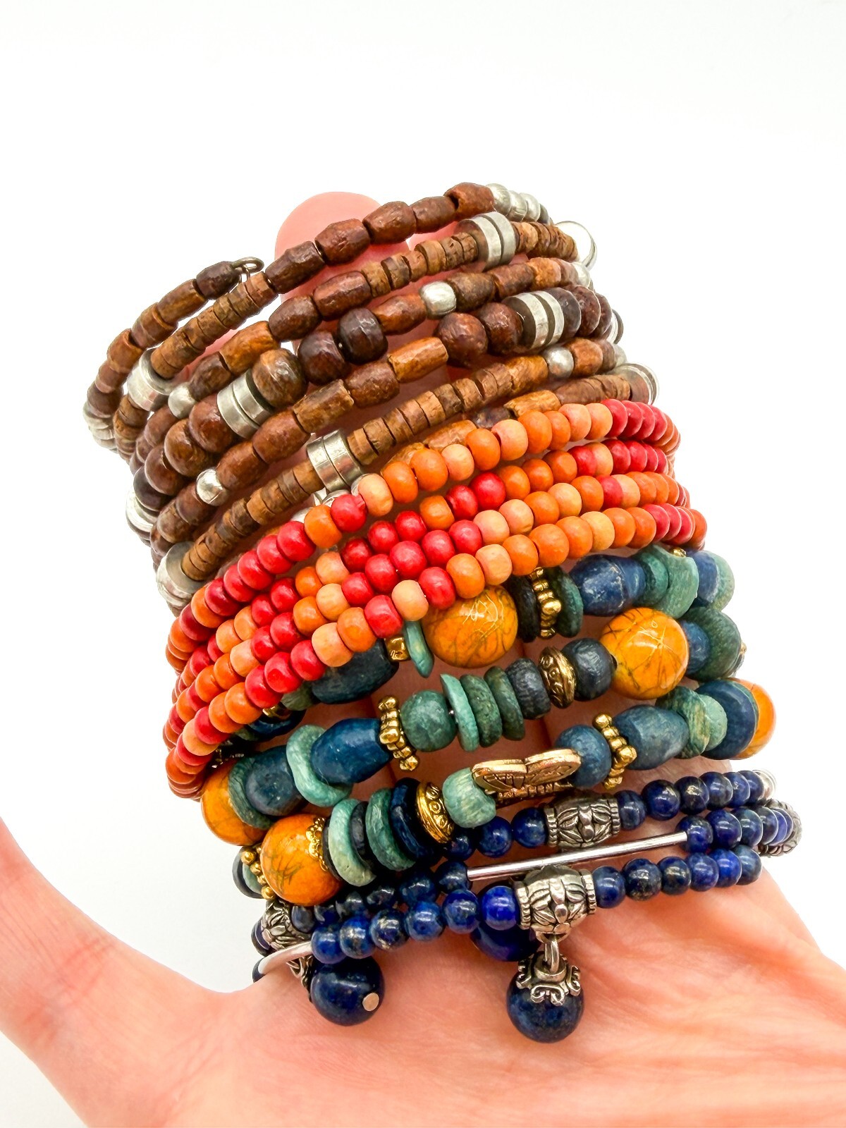 Boho Memory Wire Bracelet Bundle Set 4 Lapis Lazuli Wood Beaded Stack Bracelets