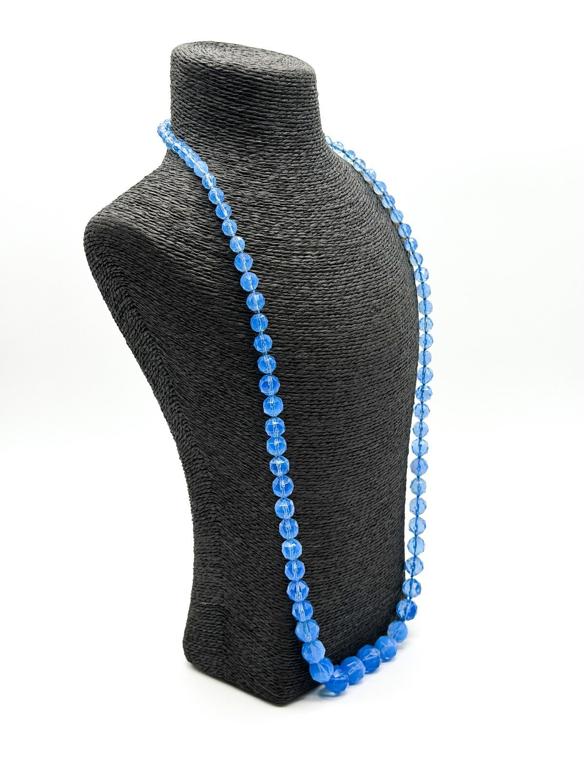 Vintage Long Blue Faceted Glass Bead Necklace Hand Knotted Continuous Strand