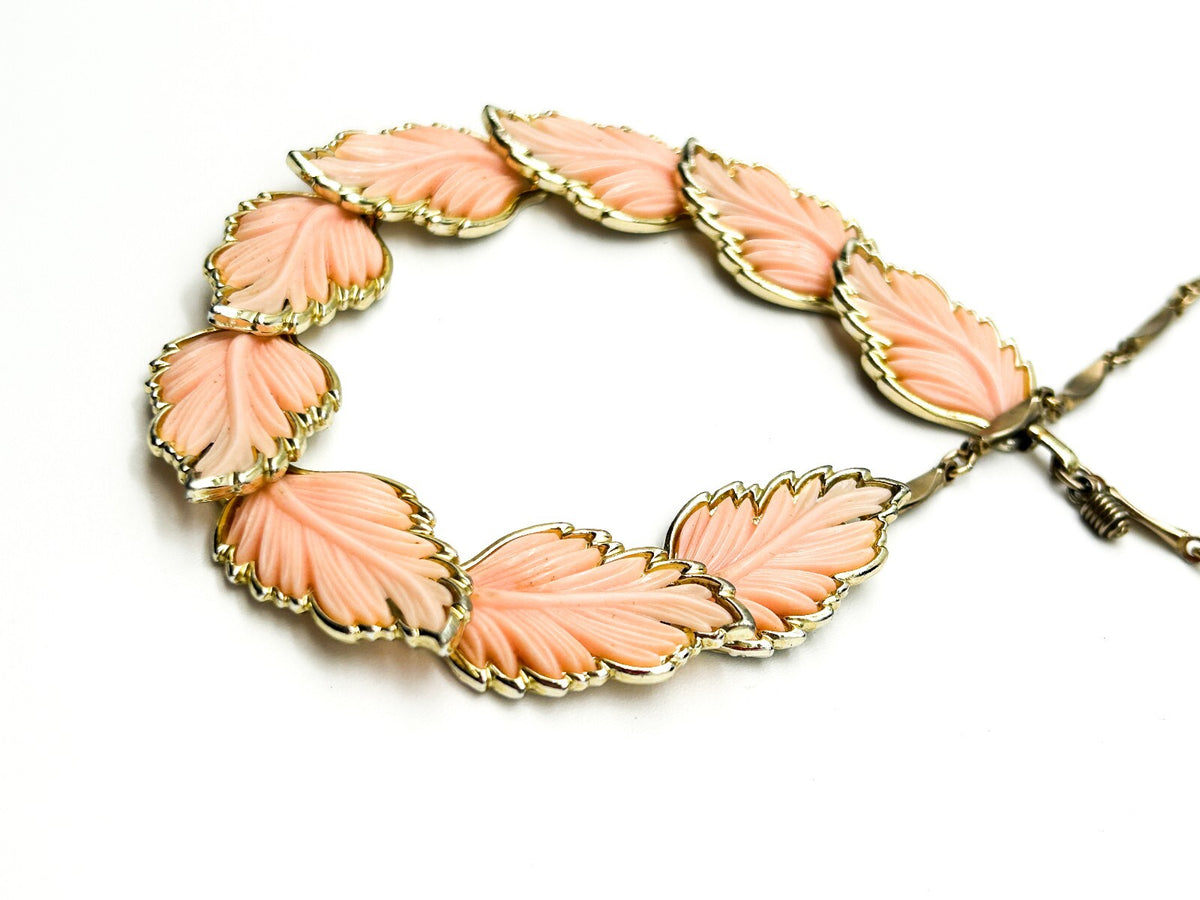 Vintage Pink Thermoset Lucite Leaf Necklace Silver Tone Articulated Leaves