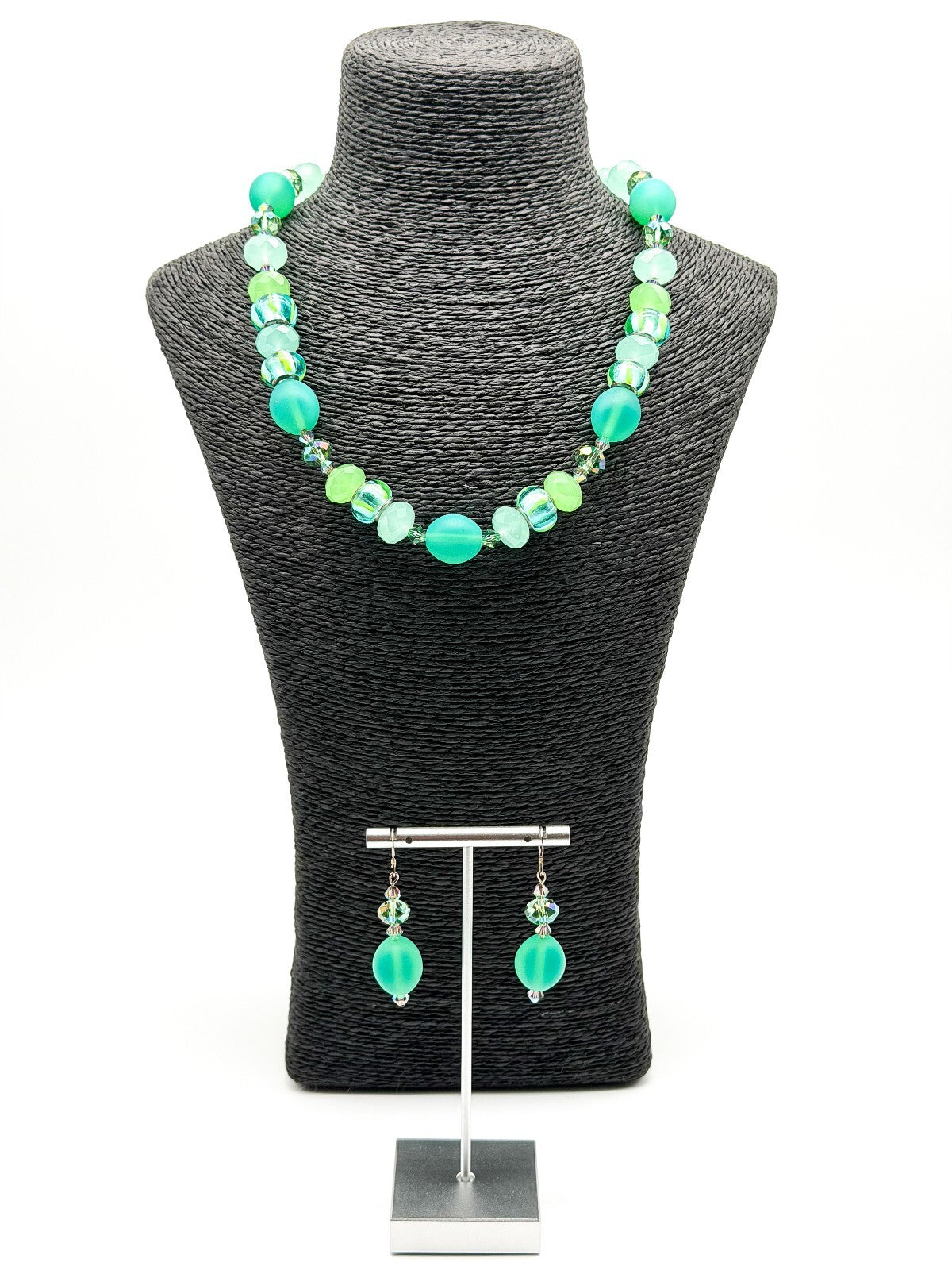 Frosted Green Glass Necklace Earrings Set Lampwork Beads Toggle Clasp Statement