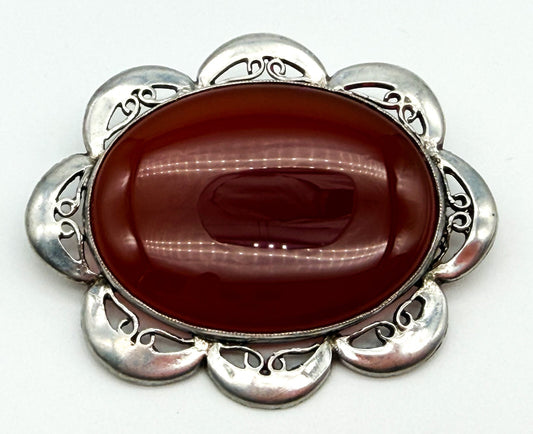 Vintage Carnelian Silver Plated Statement Brooch Oval Gemstone Scalloped Pin
