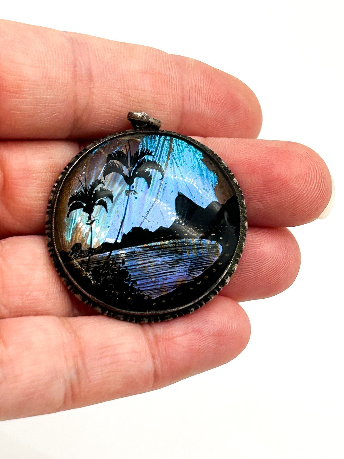 Vintage Art Deco A.W. Rio 920 Silver Morpho Butterfly Wing Pendant Bubble Glass