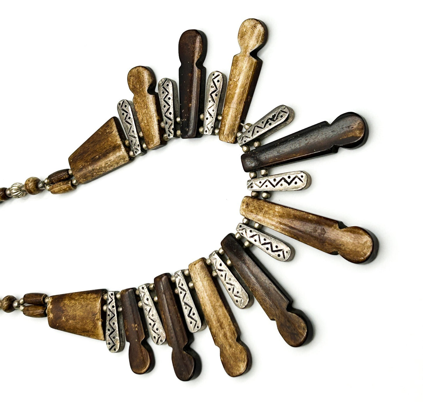 Vintage Boho Fringe Necklace Carved Organic Material Silver Tone Tribal Bib