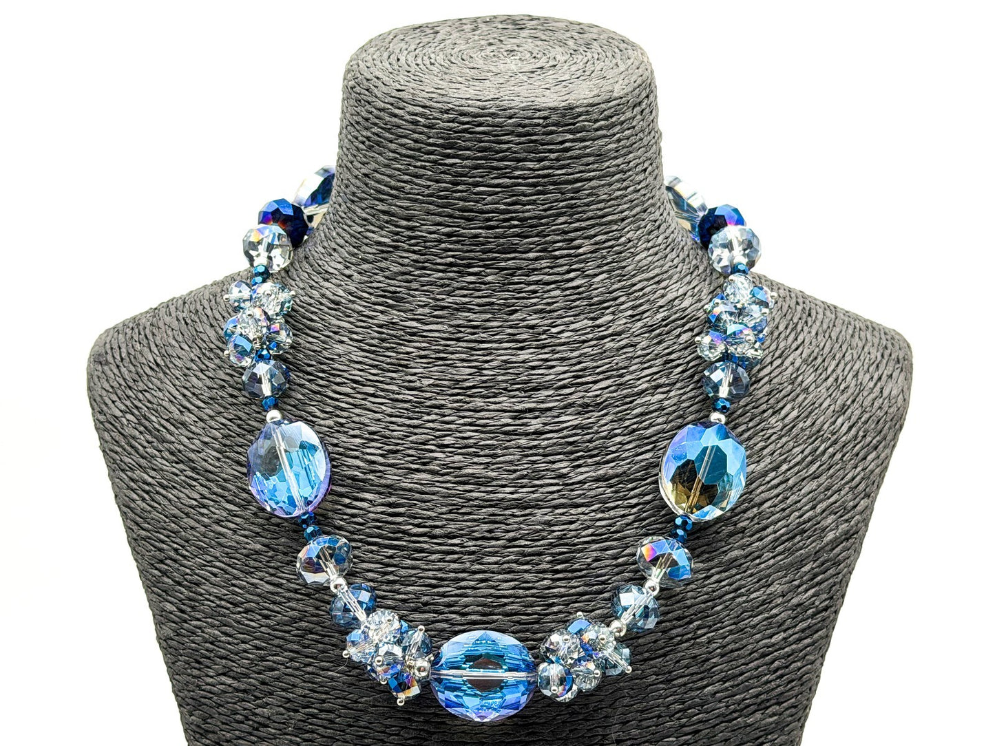 Midnight Blue Crystal Necklace AB Faceted Oval Beads Cha Cha Cluster Necklace