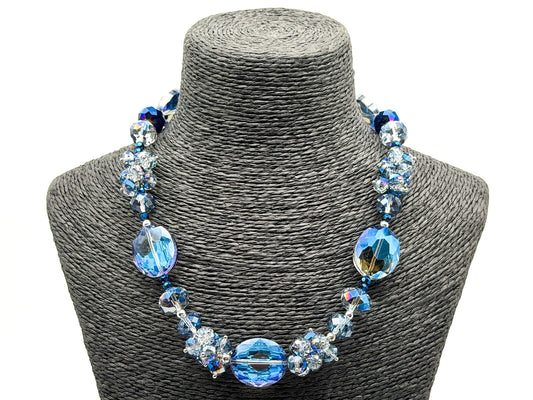 Midnight Blue Crystal Necklace AB Faceted Oval Beads Cha Cha Cluster Necklace