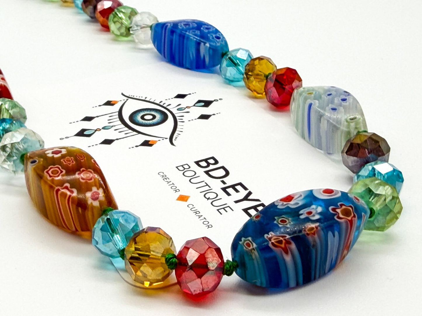 M&S Millefiori Art Glass Necklace Hand Knotted Faceted Glass Floral Beads 17”