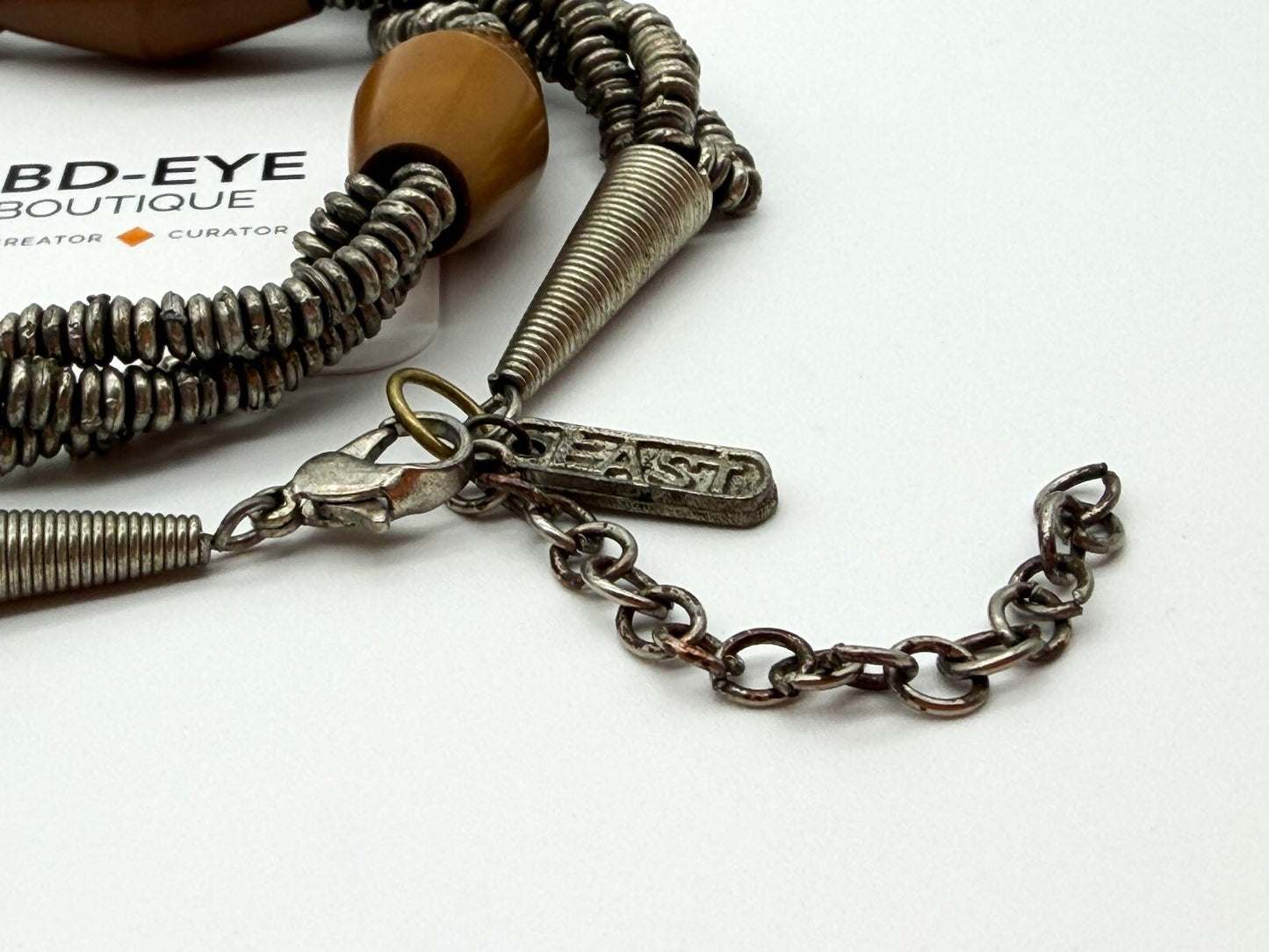 East Triple Strand Statement Necklace Silver Tone Coiled Beads Acrylic Bicone
