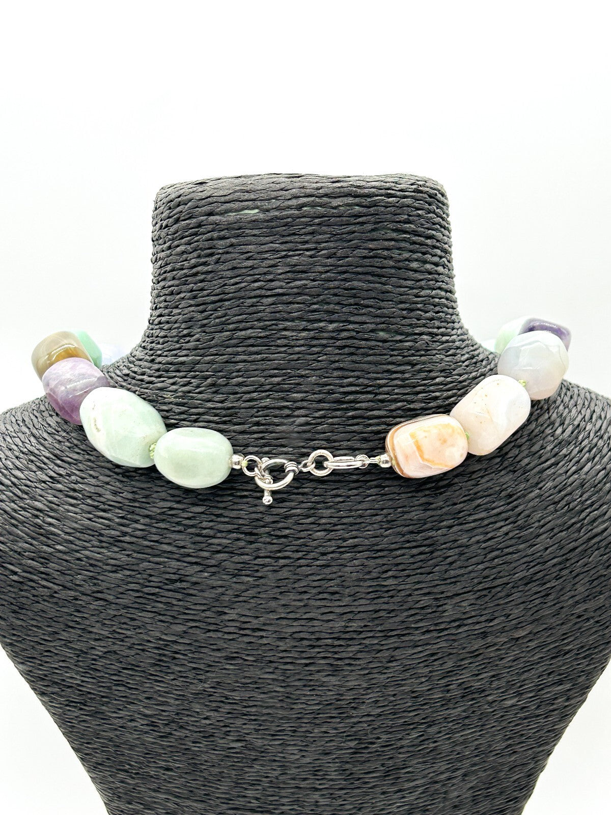 Chunky Semi Precious Gemstone Necklace Banded Agate Blue Lace Amethyst Calcite