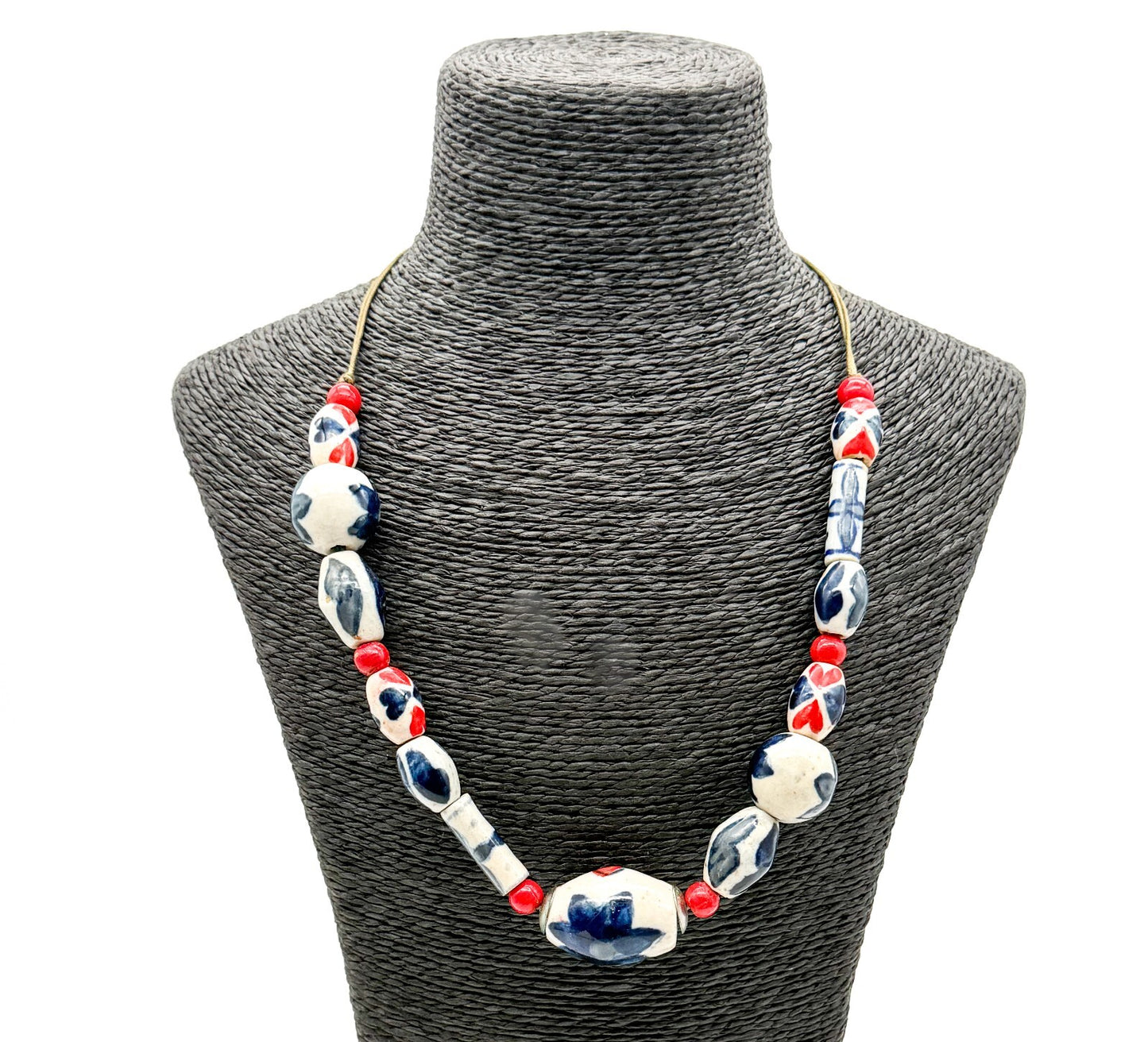 Vintage Red Blue White Ceramic Bead Necklace Adjustable Boho Floral Statement