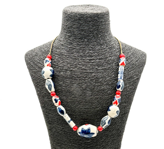 Vintage Red Blue White Ceramic Bead Necklace Adjustable Boho Floral Statement