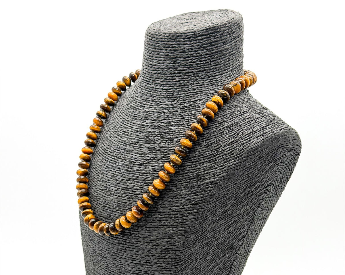 Tiger Eye Disc Bead Necklace Hand Knotted 925 Sterling Silver Clasp Boho 20" 66g