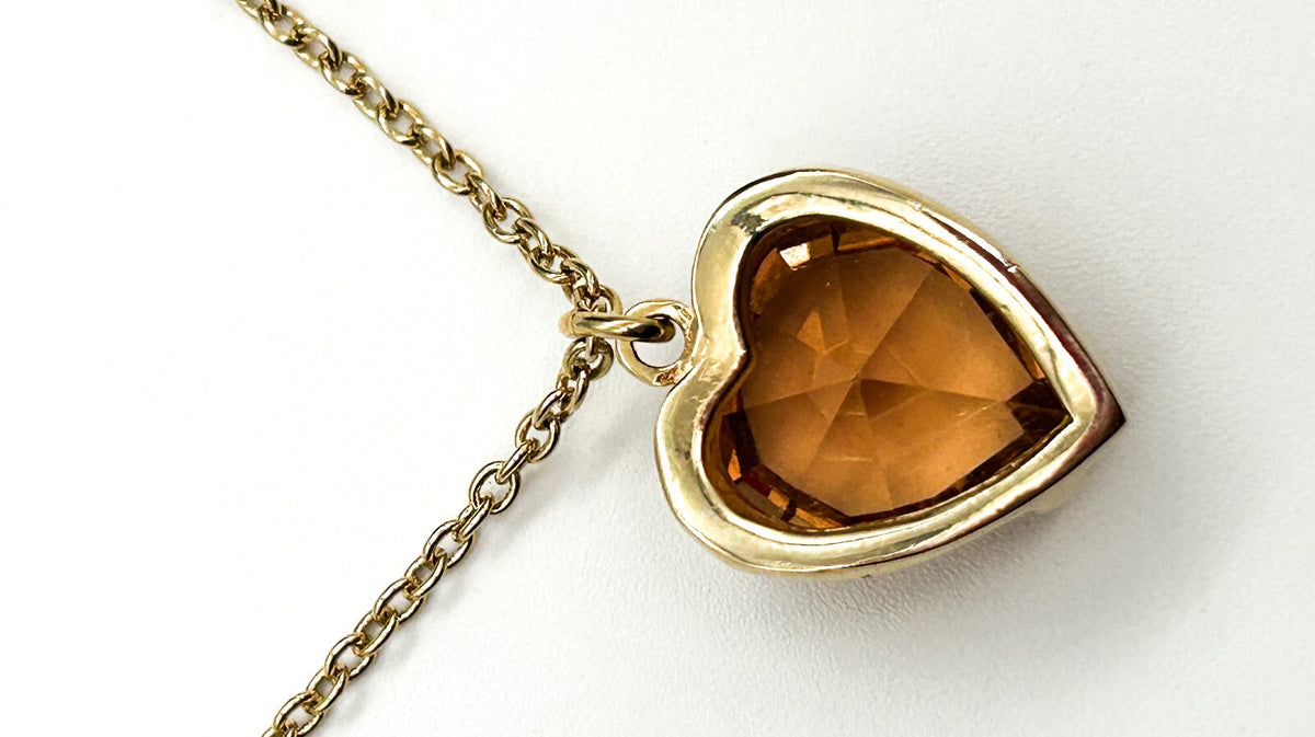 Vintage Gold Tone Smoky Amber Crystal Heart Pendant Necklace Faceted Glass 24”