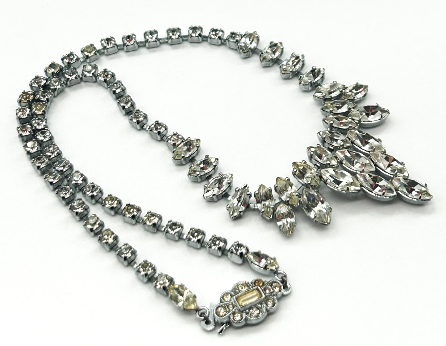 Vintage Clear Marquise Rhinestone Statement Necklace Silver Tone Bridal Wedding
