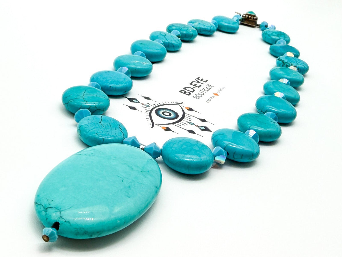 Turquoise Blue Magnesite Pendant Necklace AB Crystal Sterling Silver Box Clasp