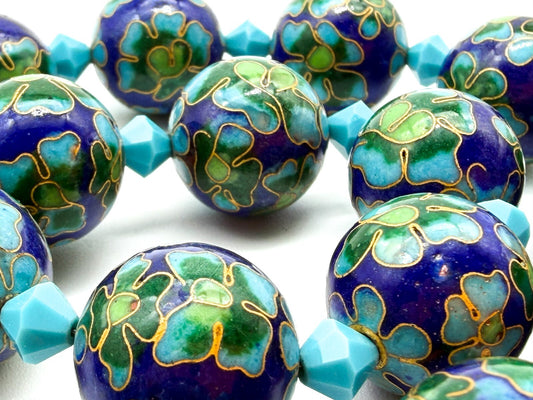 Cloisonné Enamel Bead Necklace Blue Green Floral Artisan Toggle Statement