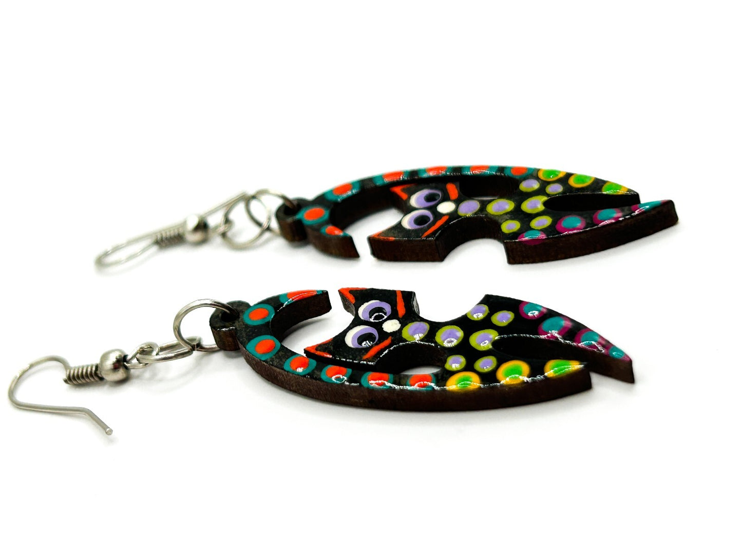 Hand Painted Wooden Cat Earrings Colourful Folk Art Dangle Quirky Felines