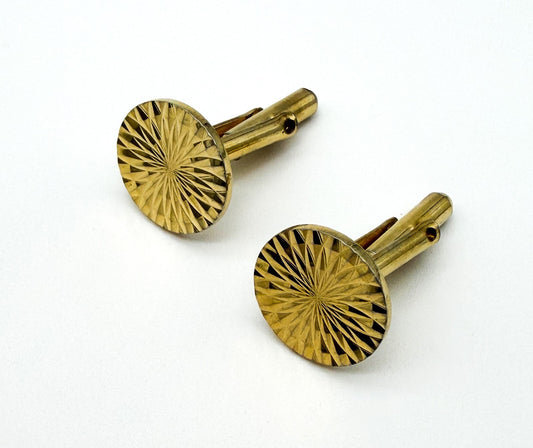 Vintage Gold Tone Engine Turned Cufflinks Diamond Cut Sunburst Round