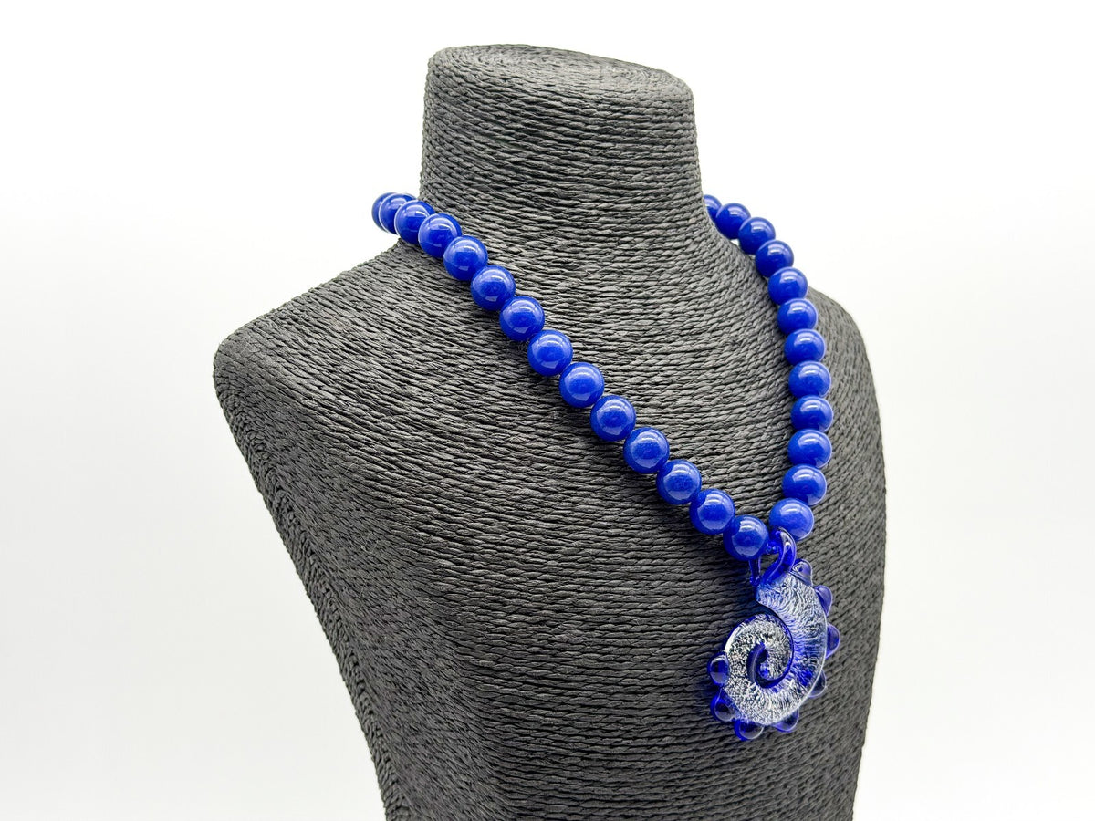 Cobalt Blue Agate Necklace Art Glass Swirl Spiral Pendant Statement Murano-style