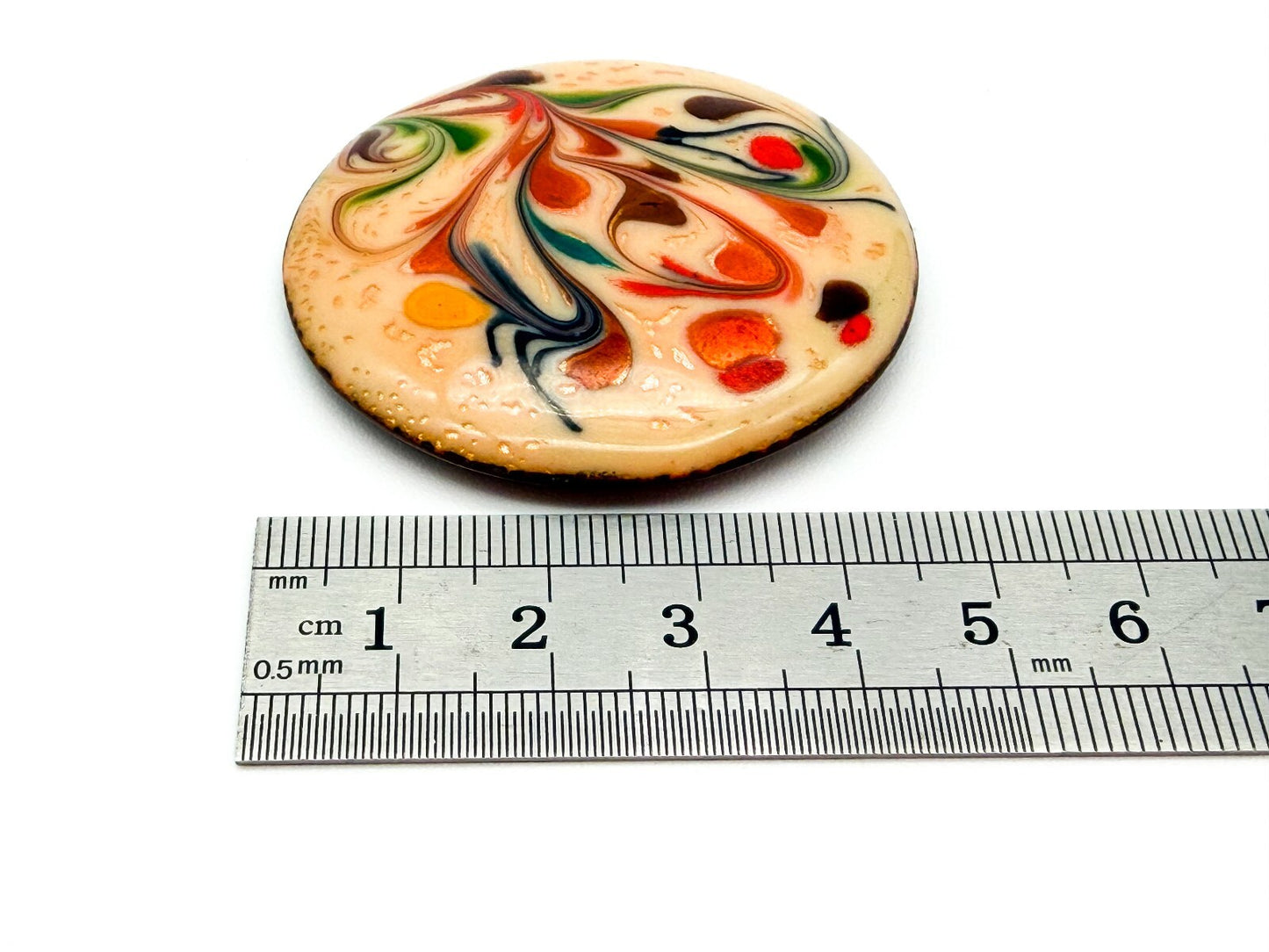 Vintage Enamel Ceramic Brooch Abstract Floral Swirl Round Statement Pin