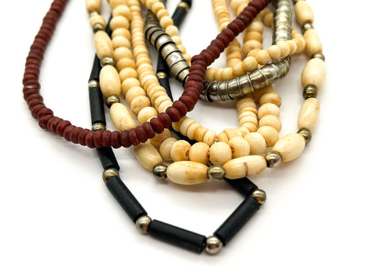 Vintage 7 Strand Organic Bead Necklace Black Cream Red Boho Statement
