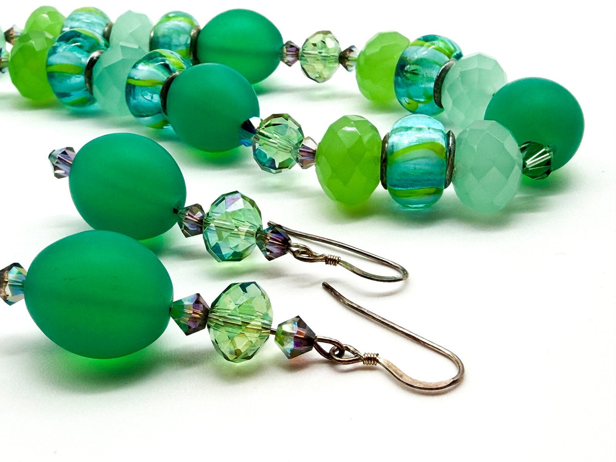 Frosted Green Glass Necklace Earrings Set Lampwork Beads Toggle Clasp Statement