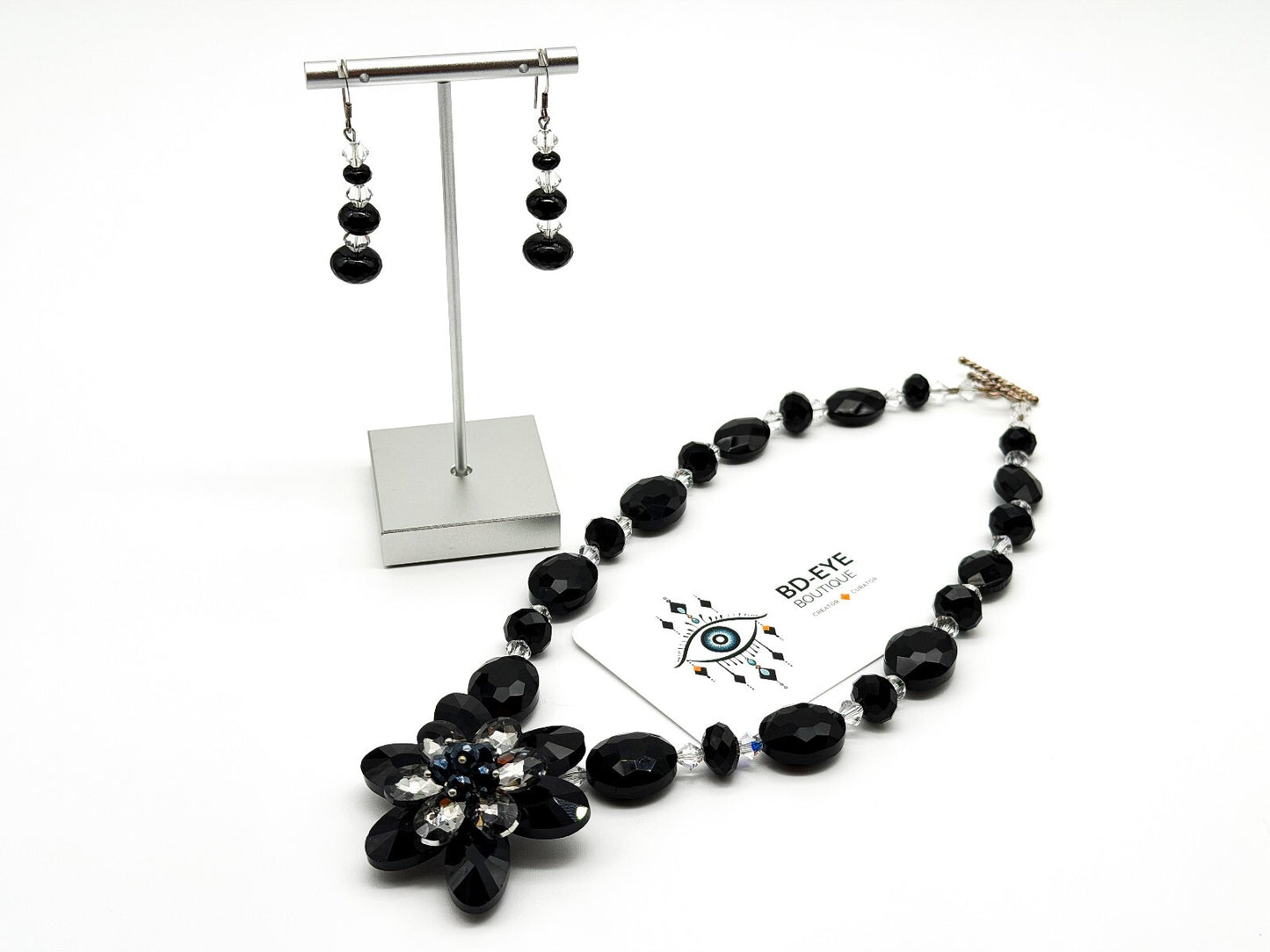 Black Crystal Flower Statement Necklace Earrings Set Faceted Glass Evening Wear
