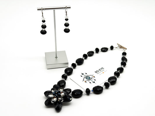 Black Crystal Flower Statement Necklace Earrings Set Faceted Glass Evening Wear