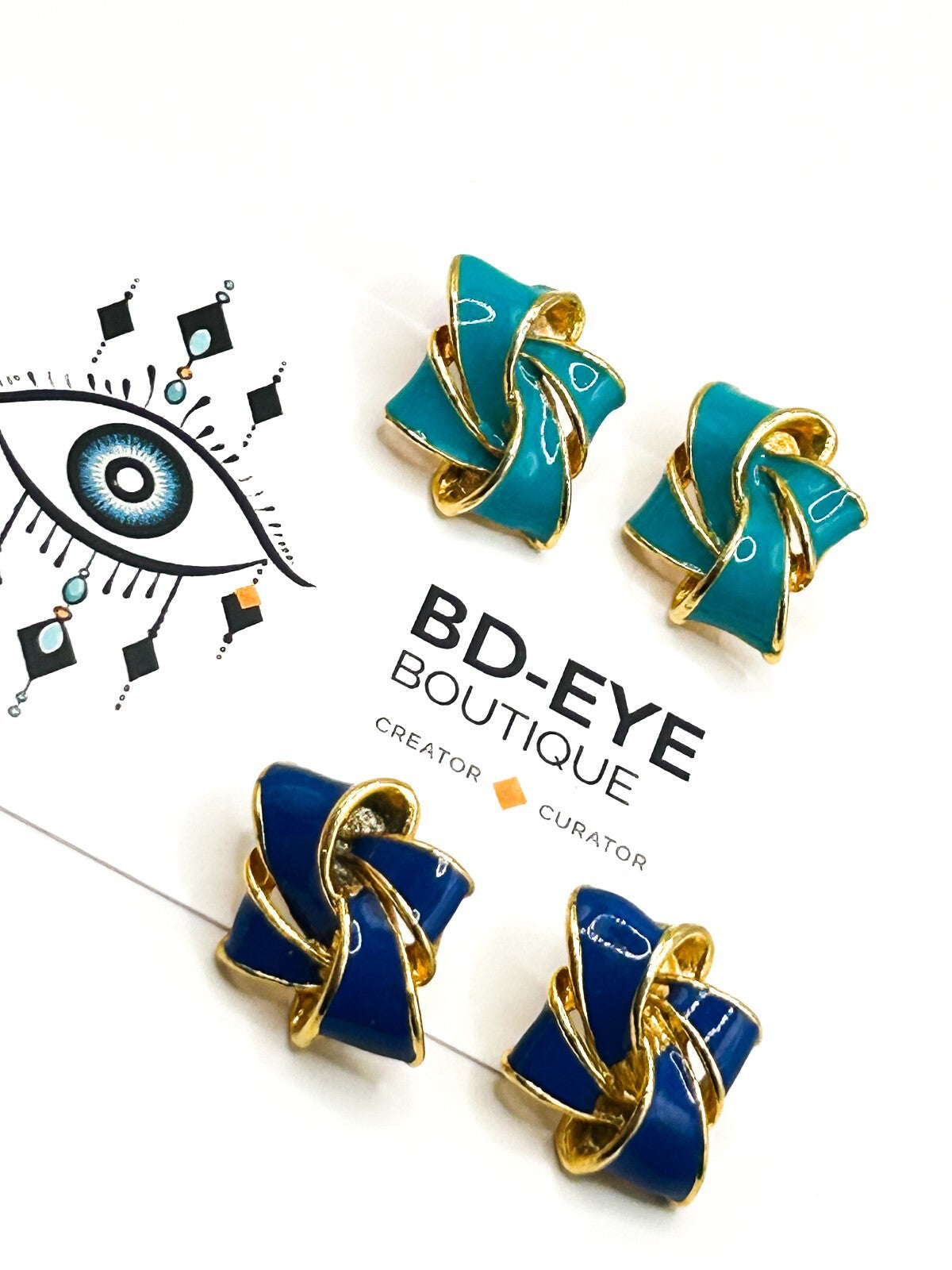 Vintage Blue Enamel Ribbon Knot Stud Earrings Gold Tone Cobalt Turquoise