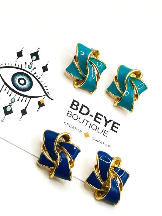 Vintage Blue Enamel Ribbon Knot Stud Earrings Gold Tone Cobalt Turquoise