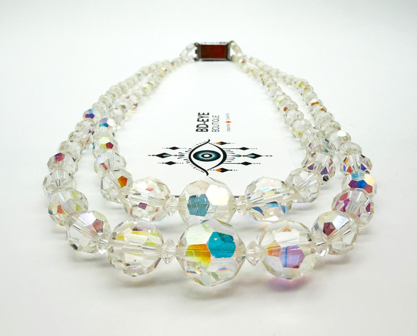 Vintage Aurora Borealis Crystal Necklace 2 Strand AB Glass Rhinestone Clasp 19"