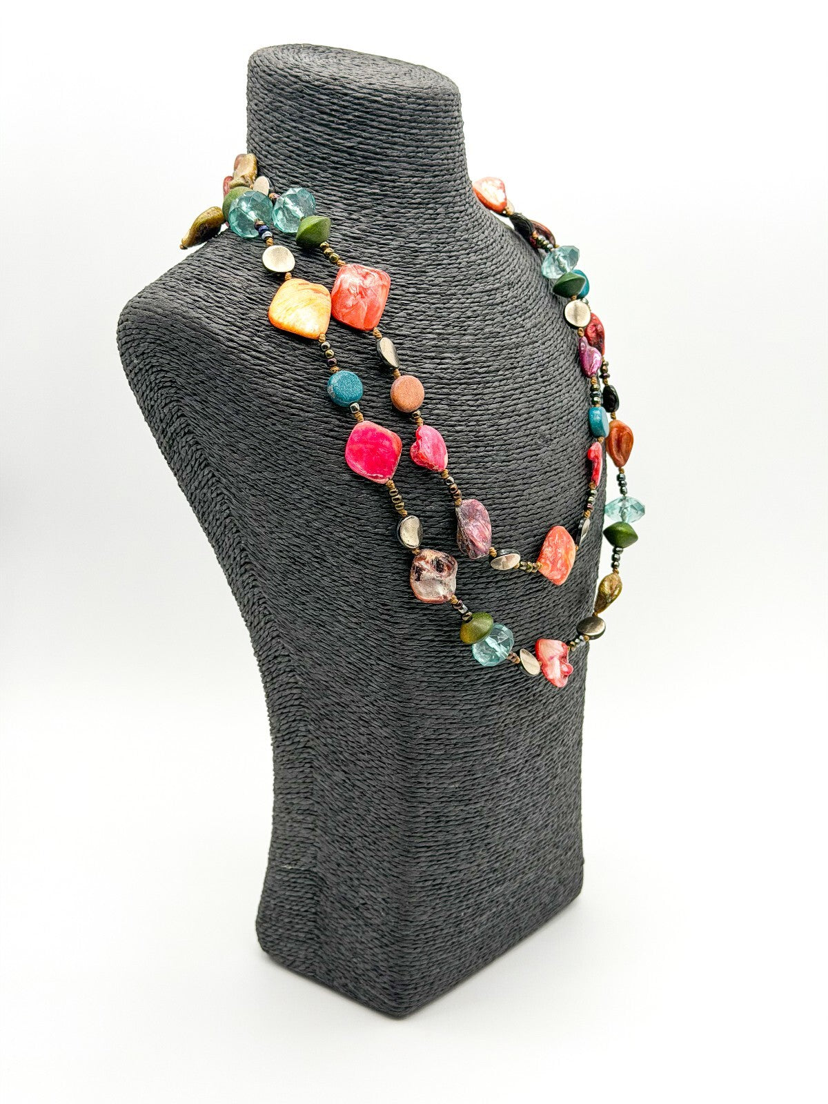 Boho Long Hand Knotted Shell Wood Acrylic Bead Statement Necklace Multicolour