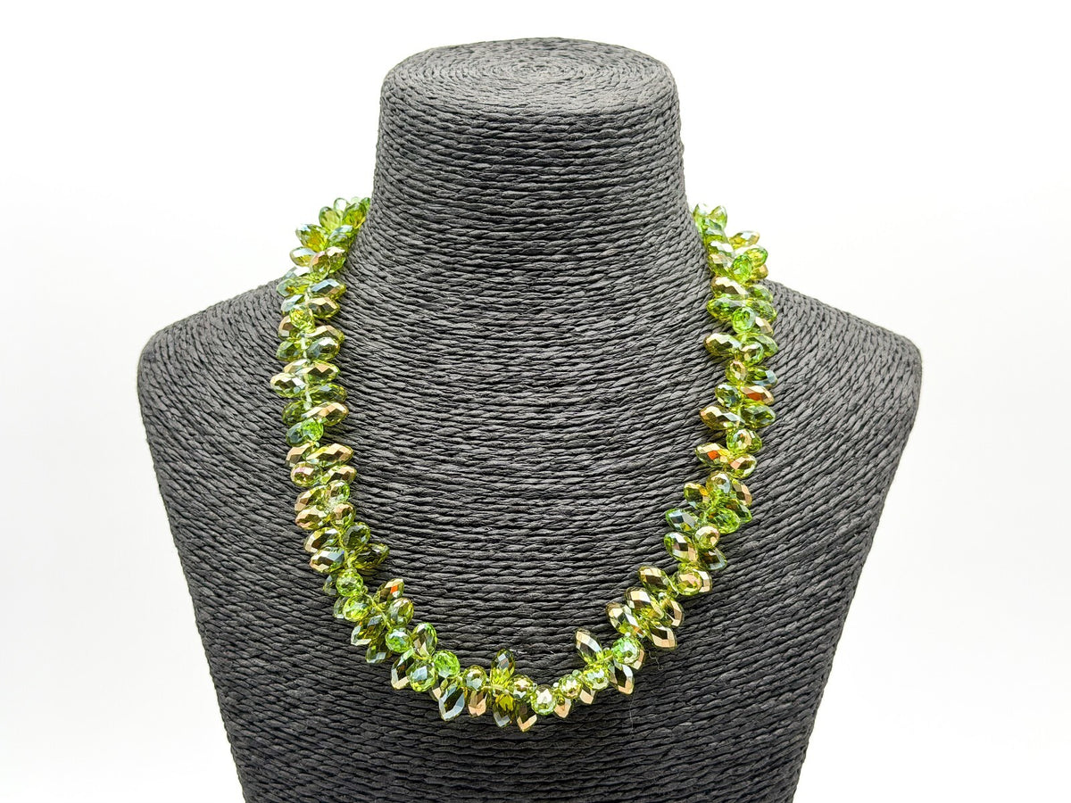 Swarovski Beads Green Crystal Necklace Faceted Teardrop Beads Gold Tone Toggle